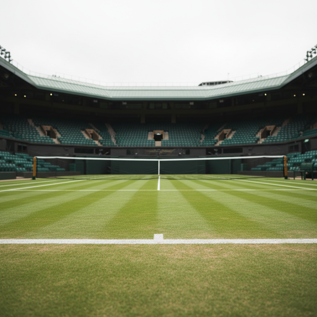 An empty, perfectly manicured grass tennis court viewed from a slightly elevated baseline angle, the crisp white lines forming precise geometric patterns against lush emerald turf. At the far end, a taut net with subtle texture divides the scene, while distant, softly blurred stadium seats rise in symmetrical tiers, hinting at a grand arena without showing any spectators. Soft overcast daylight bathes the court in even, diffused illumination, minimizing harsh shadows and creating a calm, analytical mood. Photographic realism with sharp focus across the playing surface emphasizes clarity and structure, making the image ideal for a professional sports journalism homepage about tactics, strategy, and the stories behind the scoreline.