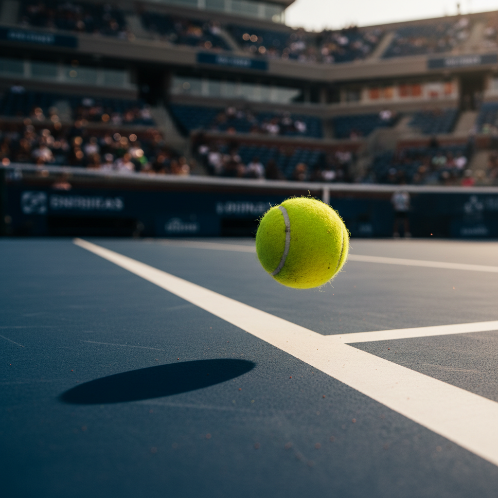 A pristine, scuffed tennis ball suspended mid-bounce on a deep blue hard court, the fuzzy neon felt sharply detailed with tiny flecks of clay dust clinging to its surface. White baseline markings cut diagonally through the frame, leading toward a blurred stadium backdrop of tiered seating and muted banners. Late-afternoon golden sunlight rakes across the court from the right, creating a crisp shadow of the ball and subtle reflections on the slightly textured surface. Captured in photographic realism from a low sideline angle with a shallow depth of field, the atmosphere feels tense and anticipatory, as if frozen at match point, emphasizing the drama behind every score for a professional sports journalism feature image.