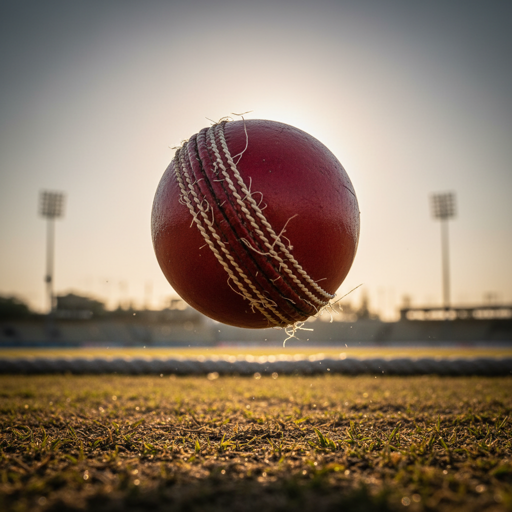 A weathered red leather cricket ball spinning in mid-air, seams sharply defined and slightly frayed, captured just inches above a sun-baked grass pitch. The dry, slightly patchy outfield stretches into the distance, fading into a soft bokeh of boundary rope and towering stadium floodlights. Harsh late-afternoon sunlight from behind the camera creates strong highlights along the shiny side of the ball and deep shadows in the stitched seam, emphasizing texture and wear. Shot in photographic realism with a high-speed shutter feel and centered composition, the mood is intense and analytical, ideal for a sports news story breaking down a decisive over in a high-pressure match.