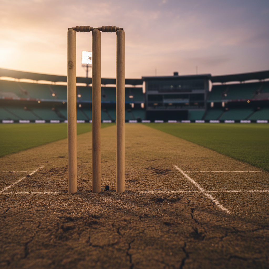 A close-up, low-angle photographic view of a cricket wicket at the bowler’s end, three pale wooden stumps and two delicately balanced bails standing firmly in a slightly cracked, dusty pitch. Fine granules of dirt scatter around the base, with faint shoe impressions suggesting recent intense play. In the background, out of focus, the sprawling oval boundary and a modern stadium facade rise under a hazy evening sky. Warm, directional stadium lighting from the left casts elongated shadows of the stumps along the pitch, enhancing depth and drama. The mood is serious and investigative, perfect for illustrating an in-depth analysis piece on decisive bowling spells and pivotal dismissals in elite cricket.